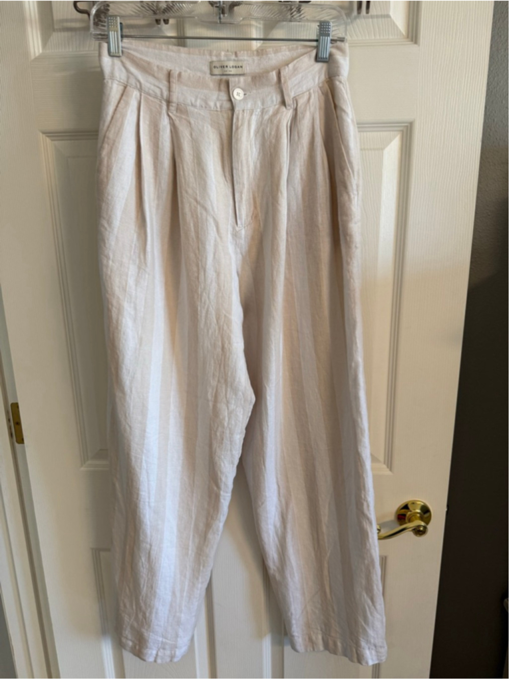 Oliver Logan beige striped pleated lined linen trousers Size 27